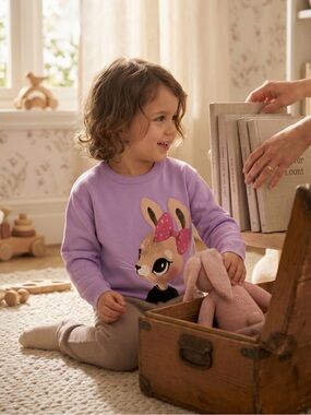 H&M Girls Lavender Bunny Graphic Sweatshirt with Pink Bow
